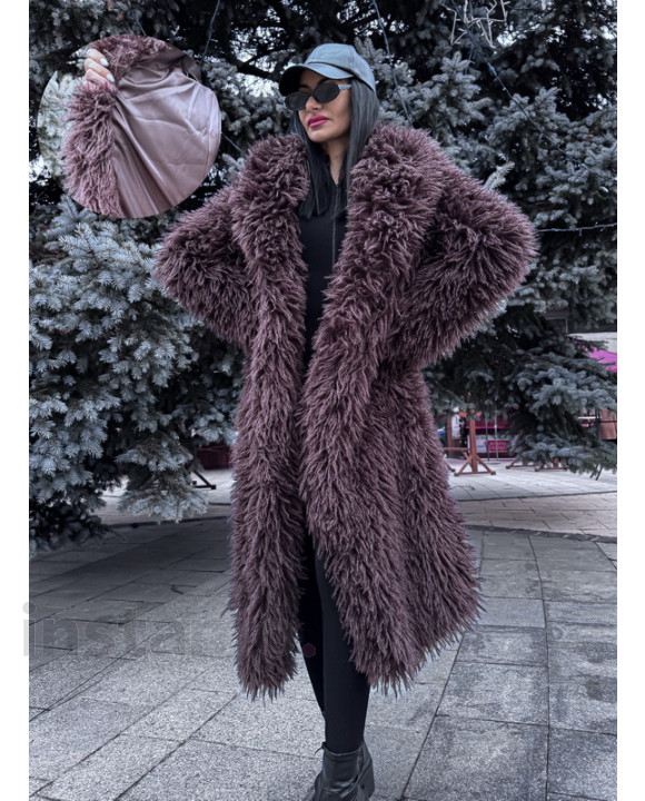 Hnědý dlouhý kožešinový kabát CHOCO-313941-20