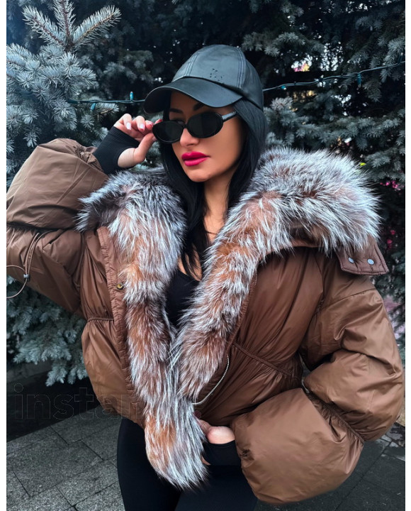 Hnědá péřová bunda s pravou kožešinou-314075-20