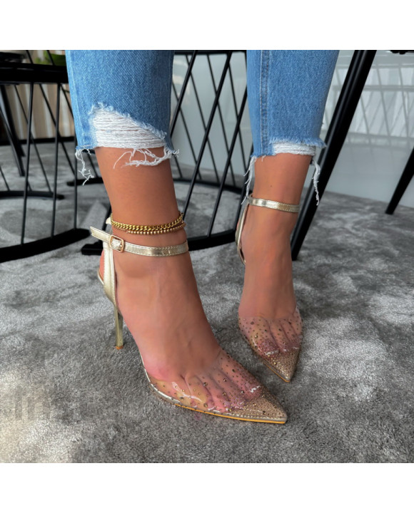 Zlaté průhledné sandále s kamínky-304236-20