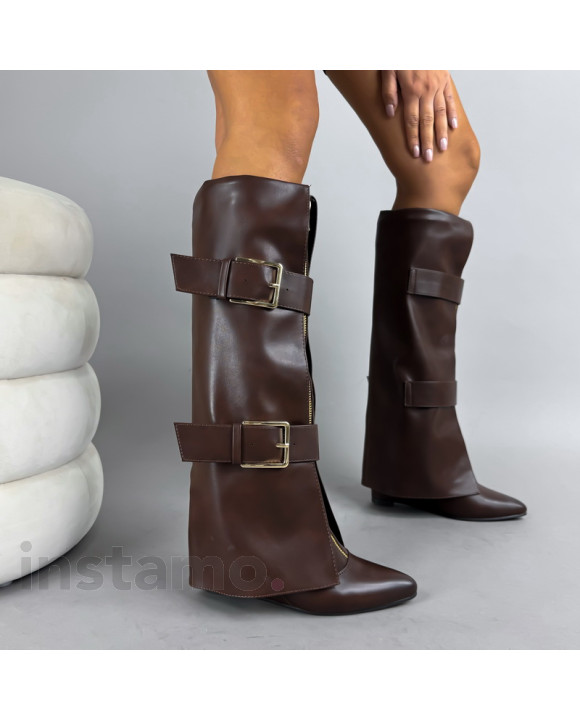 Tmavě hnědé vysoké kozačky na platformě-322771-20