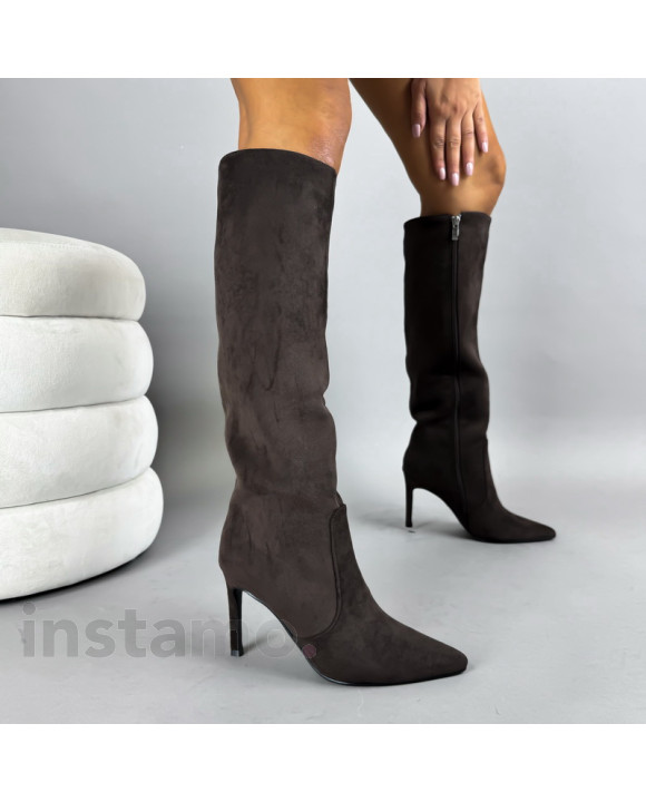 Tmavě hnědé semišové vysoké kozačky-322712-20