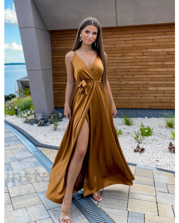 Hnědé dlouhé saténové šaty-323074-20