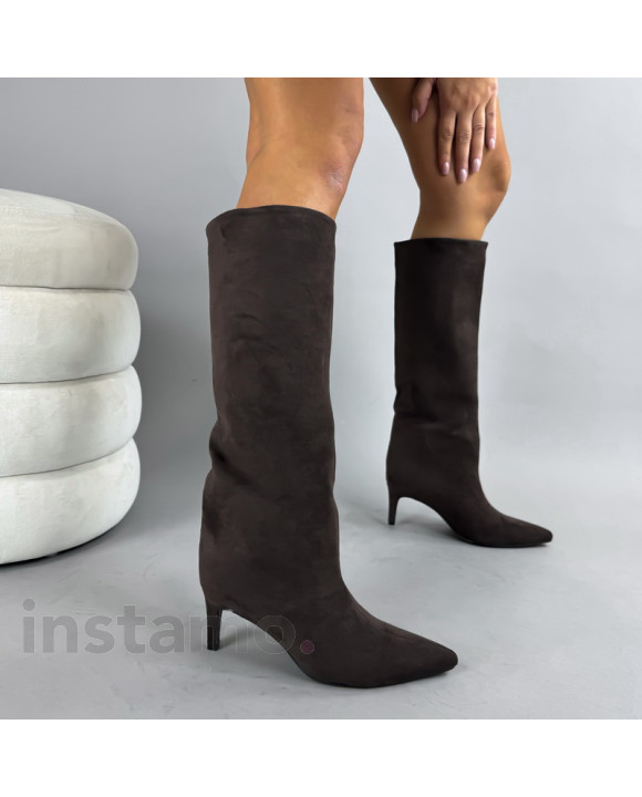 Tmavě hnědé semišové vysoké kozačky-322779-20