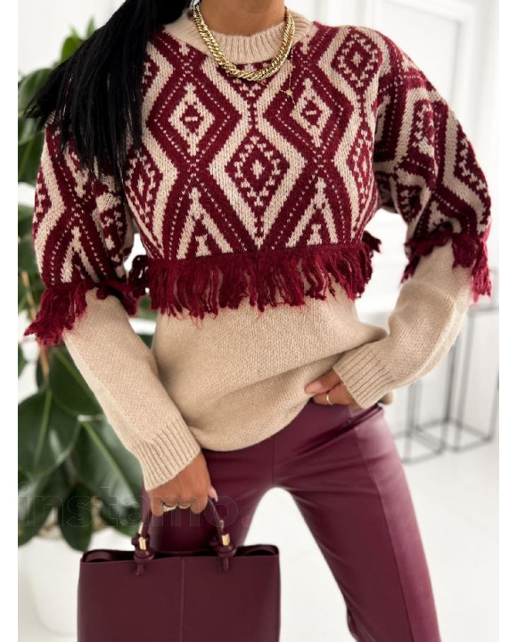 Vínovo-béžový pletený sveter-313371-20