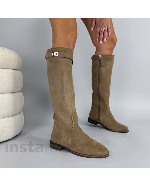 Hnědé semišové vysoké kozačky-323881-20