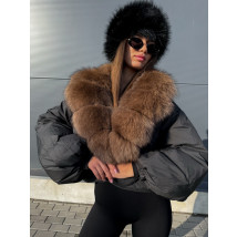 Péřová černá bunda s pravou kožešinou-313442-012