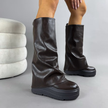 Hnědé vysoké kozačky na platformě-323025-031