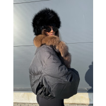 Péřová černá bunda s pravou kožešinou-313442-012