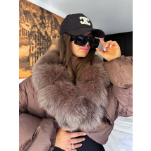 Péřová hnědá bunda s pravou kožešinou-321118-013