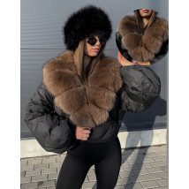 Péřová černá bunda s pravou kožešinou-313442-012