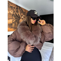Péřová hnědá bunda s pravou kožešinou-321118-013