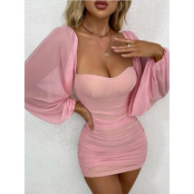 Růžové mini šaty s dlouhým rukávem-270357-04