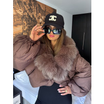 Péřová hnědá bunda s pravou kožešinou-321118-013