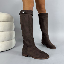 Tmavě hnědé semišové vysoké kozačky-323888-01