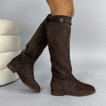 Tmavě hnědé semišové vysoké kozačky-323888-01