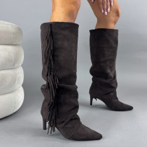 Tmavě hnědé semišové vysoké kozačky s třásněmi-323340-06
