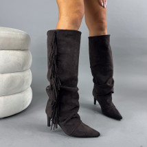 Tmavě hnědé semišové vysoké kozačky s třásněmi-323340-06