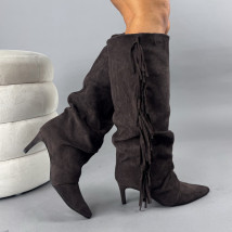 Tmavě hnědé semišové vysoké kozačky s třásněmi-323340-06