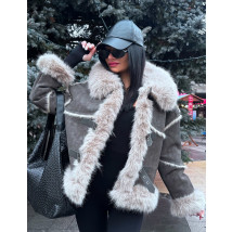 Šedá jelenicová bunda s pravou kožešinou-313981-013