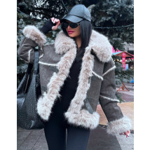 Šedá jelenicová bunda s pravou kožešinou-313981-013