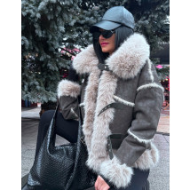 Šedá jelenicová bunda s pravou kožešinou-313981-013