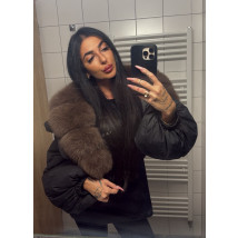 Péřová černá bunda s pravou kožešinou-313442-012