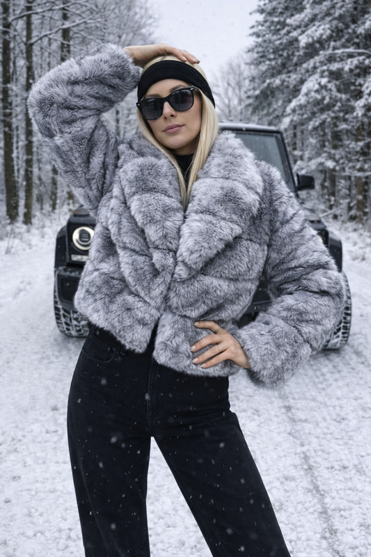 Šedo-černý kožešinový kabát