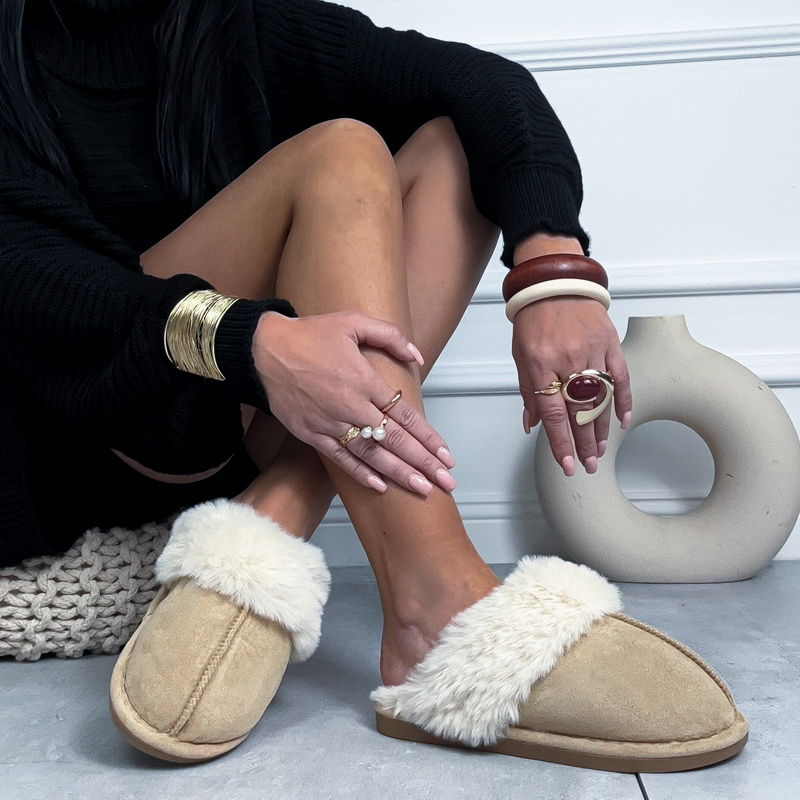 Hnědé pantofle s béžovou kožešinkou