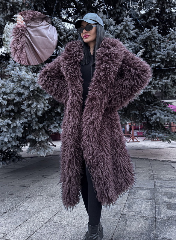 Hnědý dlouhý kožešinový kabát CHOCO