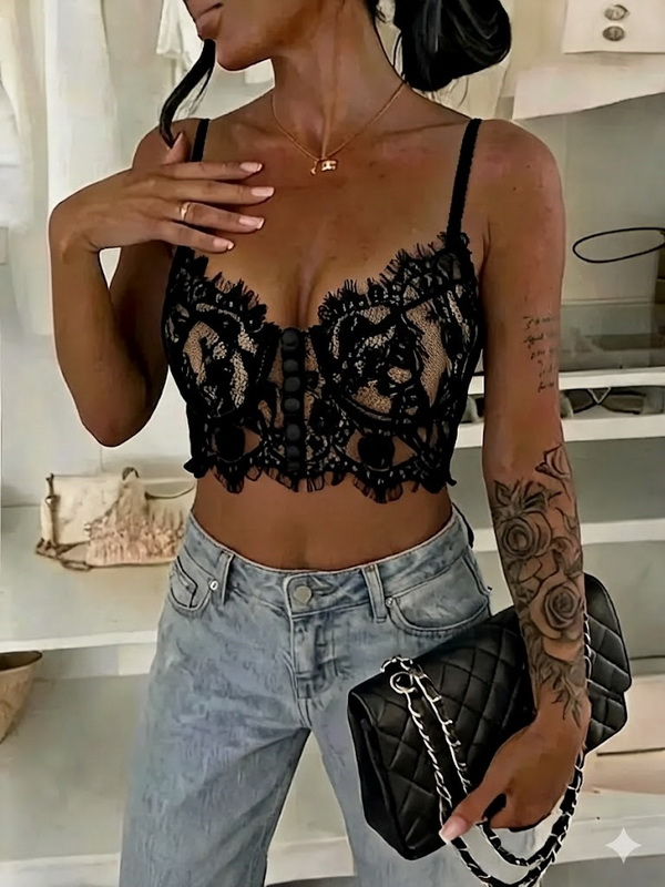 Levně Černý CROP krajkovaný top
