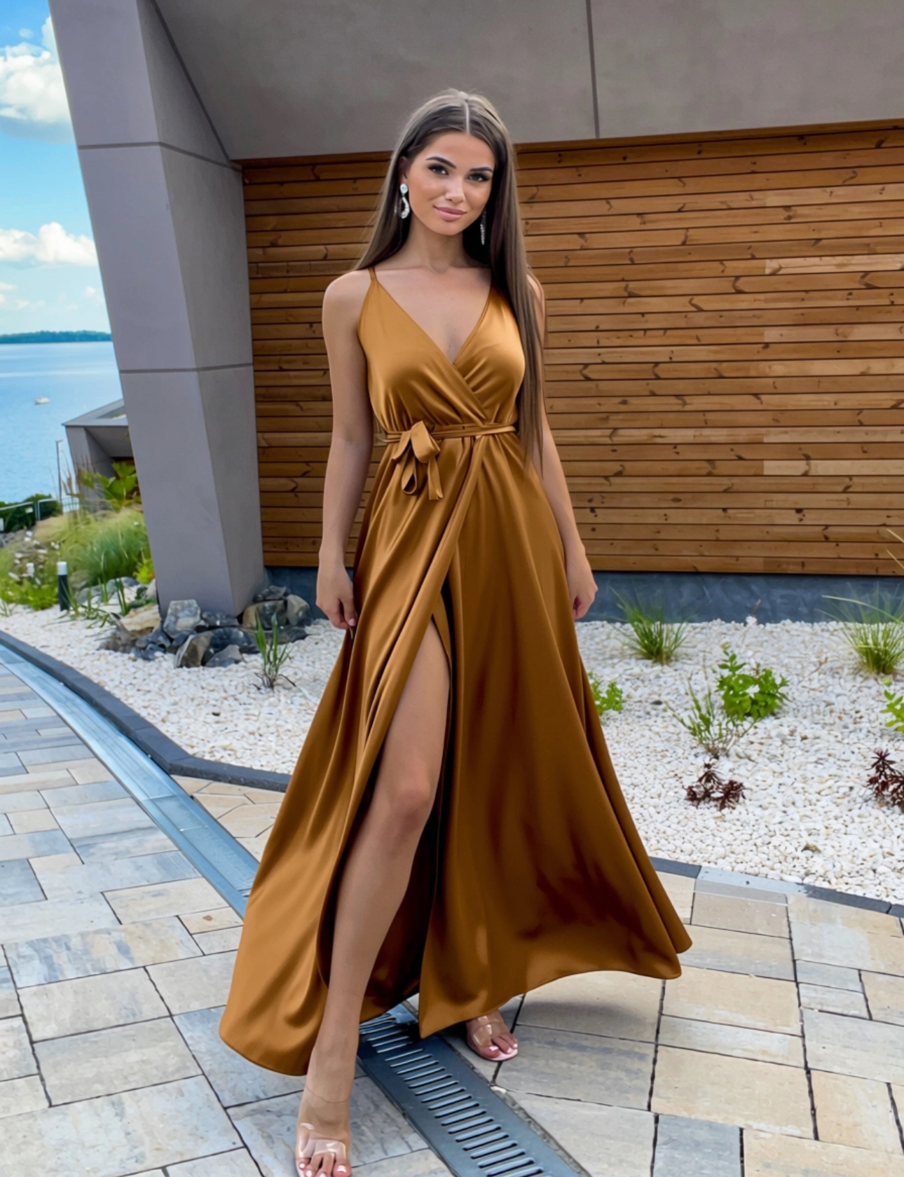 Hnědé dlouhé saténové šaty