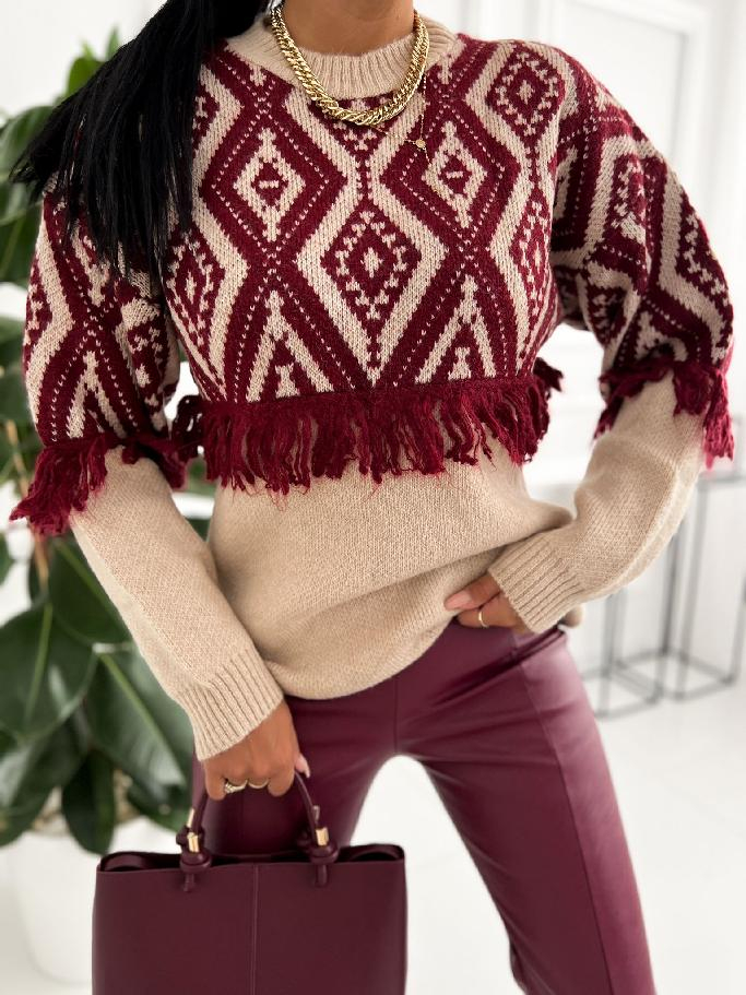 Vínovo-béžový pletený sveter